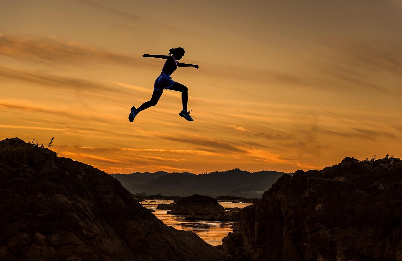 achieve, woman, girl, jumping, running, sports, sportive, athletic, athlete, runner, adventure, challenge, competition, courage, dangerous, determination, fast, freedom, enjoy, high, nature, jump, leap, outdoor, over, rush, silhouette, success, successful, sunrise, winner, young