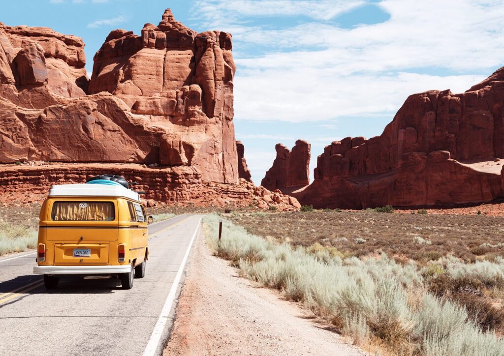 arches national park, van, drive, road trip, journey, desert, arid, canyon, colorado, daylight, erosion, geology, landscape, mountains, outdoors, road, rocky, sandstone, scenic, tourism, travel, vacation, valley, monument valley, nature, rock formations