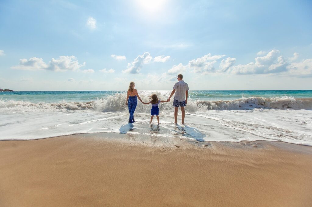 beach, nature, family, fun, leisure, ocean, relaxation, sand, sea, seashore, sky, summer, sunny, vacation, water, wave, parenthood, parents, child