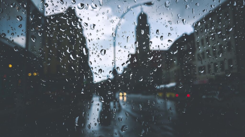 buildings, droplets, drops, glass, lamppost, liquid, rain, raindrops, rainy, silhouette, water, wet, window, gloomy, nature, glass window