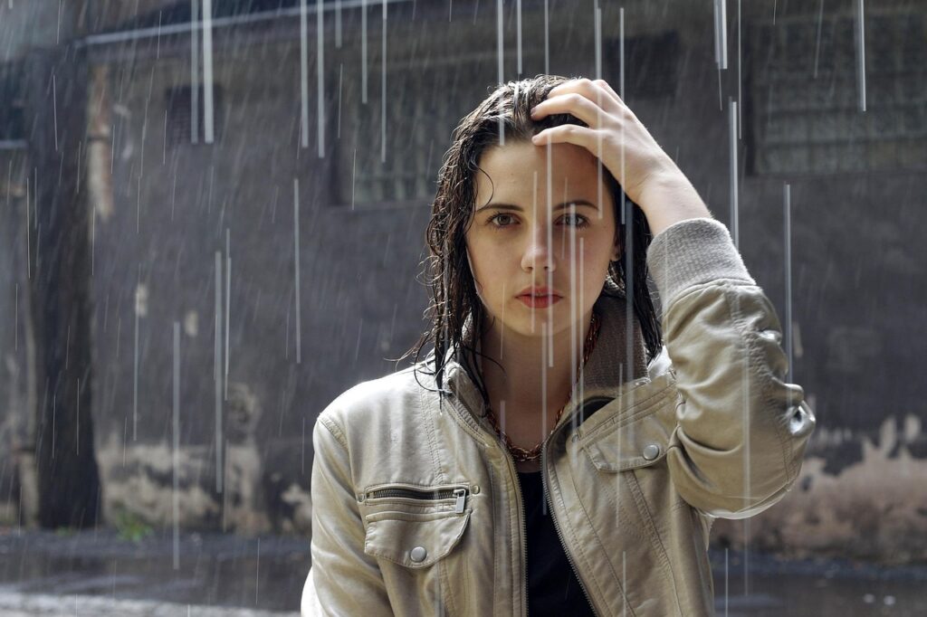 rain, woman, brunette, portrait, raining, nature, rainfall, fashion, girl, jacket, looking, model, outdoors, urban, young woman, wet