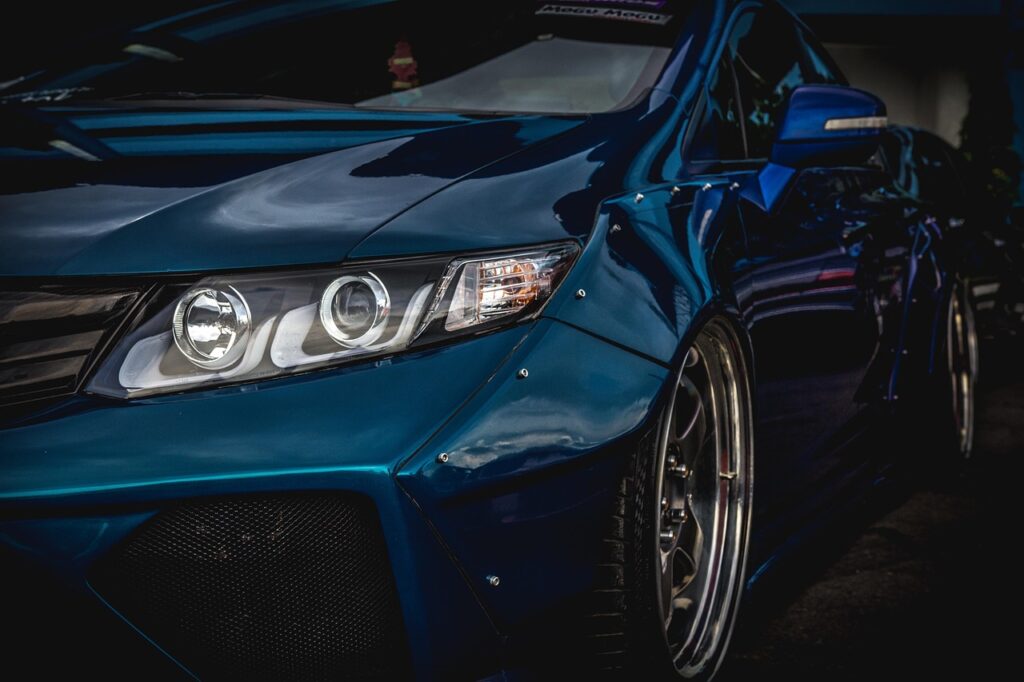 body kit, car, car wallpaper, car wallpapers, custom, low suspension, lowered, modifications, parking, side, blue car, blue wallpaper, blue park, blue body