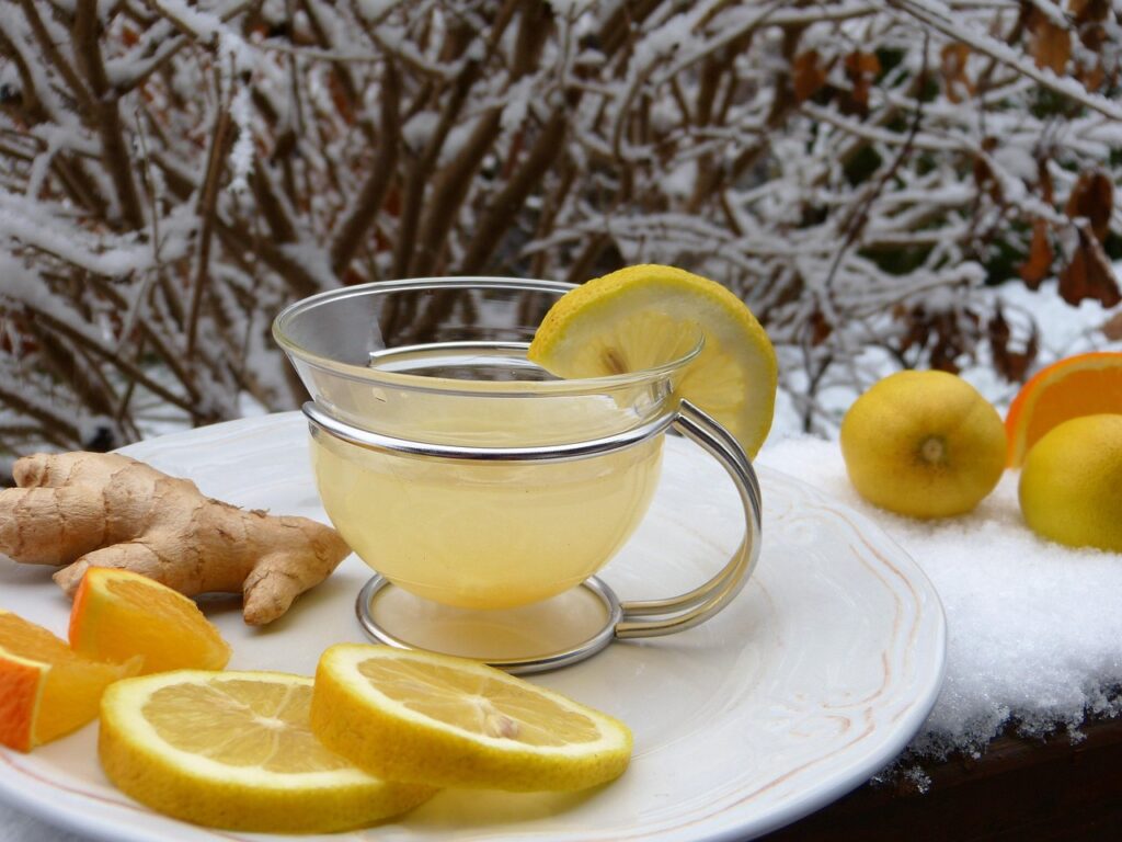 ginger, hot lemon, tea, lemon, snow, juice, cold, defense, health, immune system, vitamins, healthy, nature, flu, winter, prevent