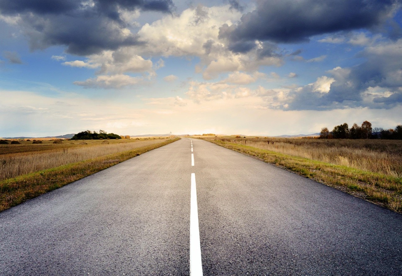road, pavement, landscape, roadway, drive, route, way, nature, asphalt, countryside, horizon, fields, clouds, sky
