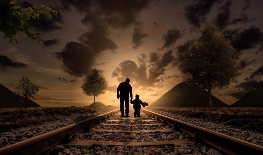 father and son, walking, railway, railroad, gravel, silhouettes, sunset, family, dusk, twilight, walking together, parent, fatherhood, parenthood, love, child, joy, childhood, father, nature, boy, kid, together, railroad tracks, adventure
