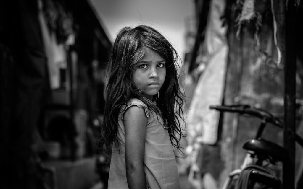 girl, kid, child, portrait, sad, sad girl, poor, poverty, young, female, little girl, youth, childhood, girl portrait, monochrome, black and white