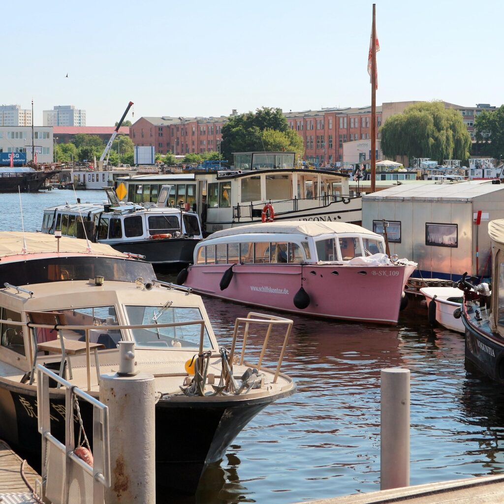 boat, pink, cadillac, retro, sixties, port, water, nature, bay, berlin, summer
