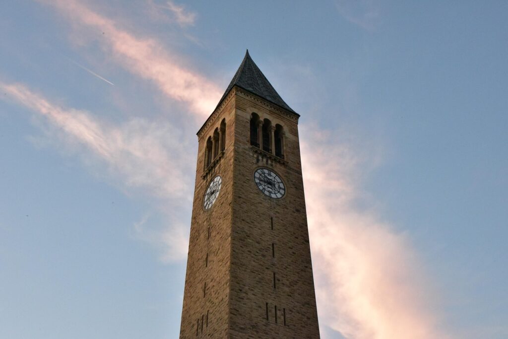 cornell, nature, bell tower, tower, landmark, cornell landmark, u s, sky, sunset glow