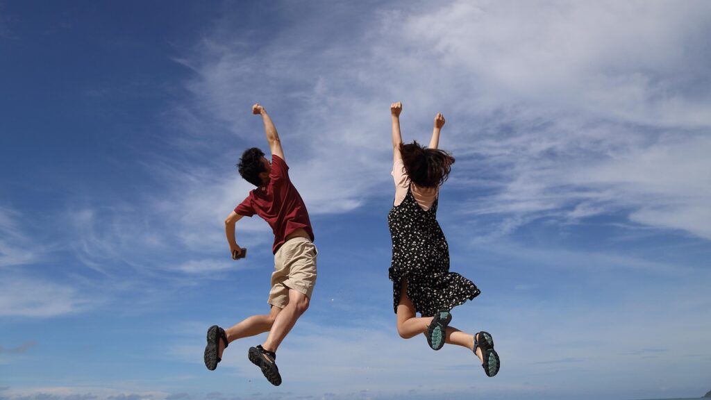 jump, sky, man, clouds, height, girl, woman, happiness, joy, happy, nature, blue sky