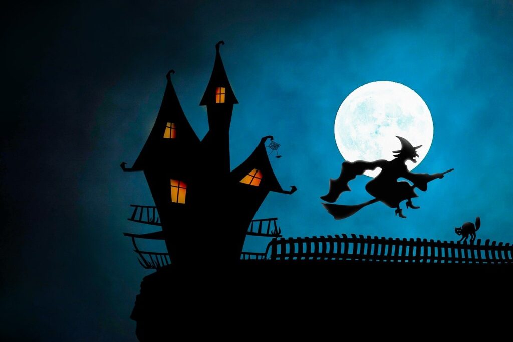 halloween, witch's house, witch, broomstick, cat, full moon, pet, flying, witchcraft, gruesome, happy halloween, 31 october, moon, fantasy, mystical, animal, night, scary, photomontage, composing