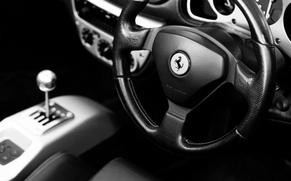 ferrari 360, ferrari, automobile, steering wheel, supercar, interior, car interiors, car, vehicle, auto, luxury, modern, speed, car wallpapers, fast, transportation, power, design, sportscar, automotive, technology, steering, luxury car, monochrome, black and white