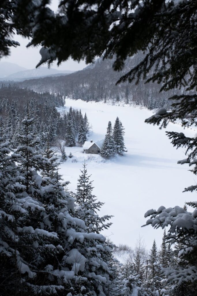 A serene snow-covered landscape in Québec with a secluded cabin.