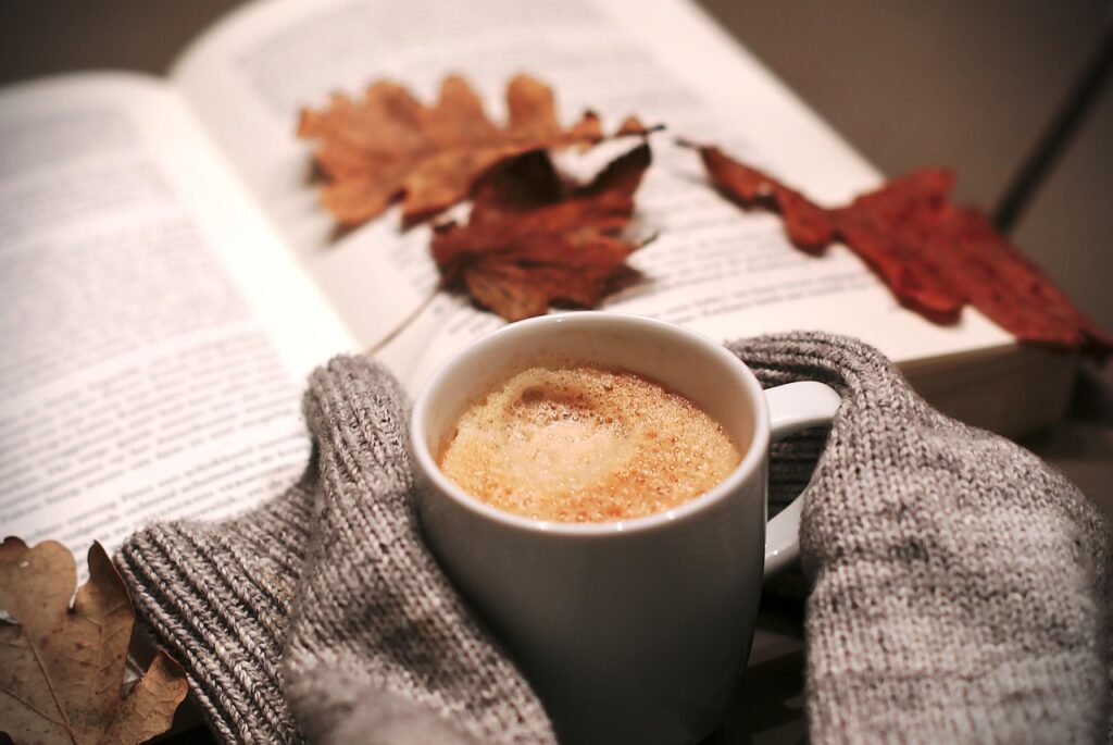 drink, coffee, food, coffee cup, leaves, autumn, book, sweater, mug, relaxation, nature, cozy