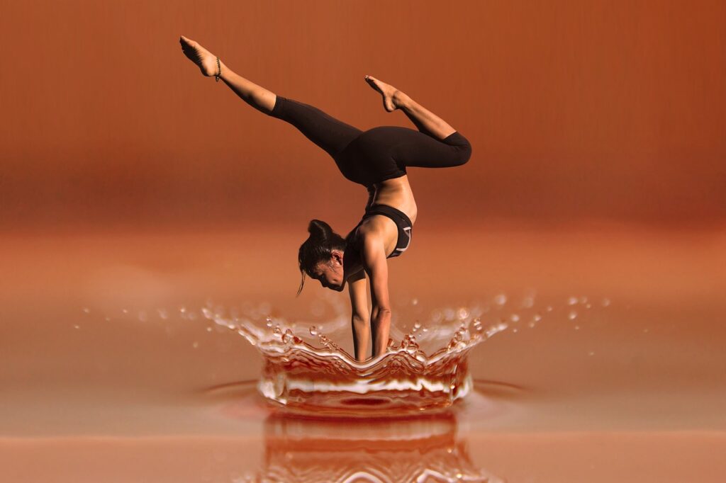 ease, balance, easy, power, positive, dance, yoga, nature, meditation, woman, fitness, health, waterdrop, splash, water, drops, reflection, crown, expression, move, gymnastics, relaxation, to dance, athletic, sports, spiritual