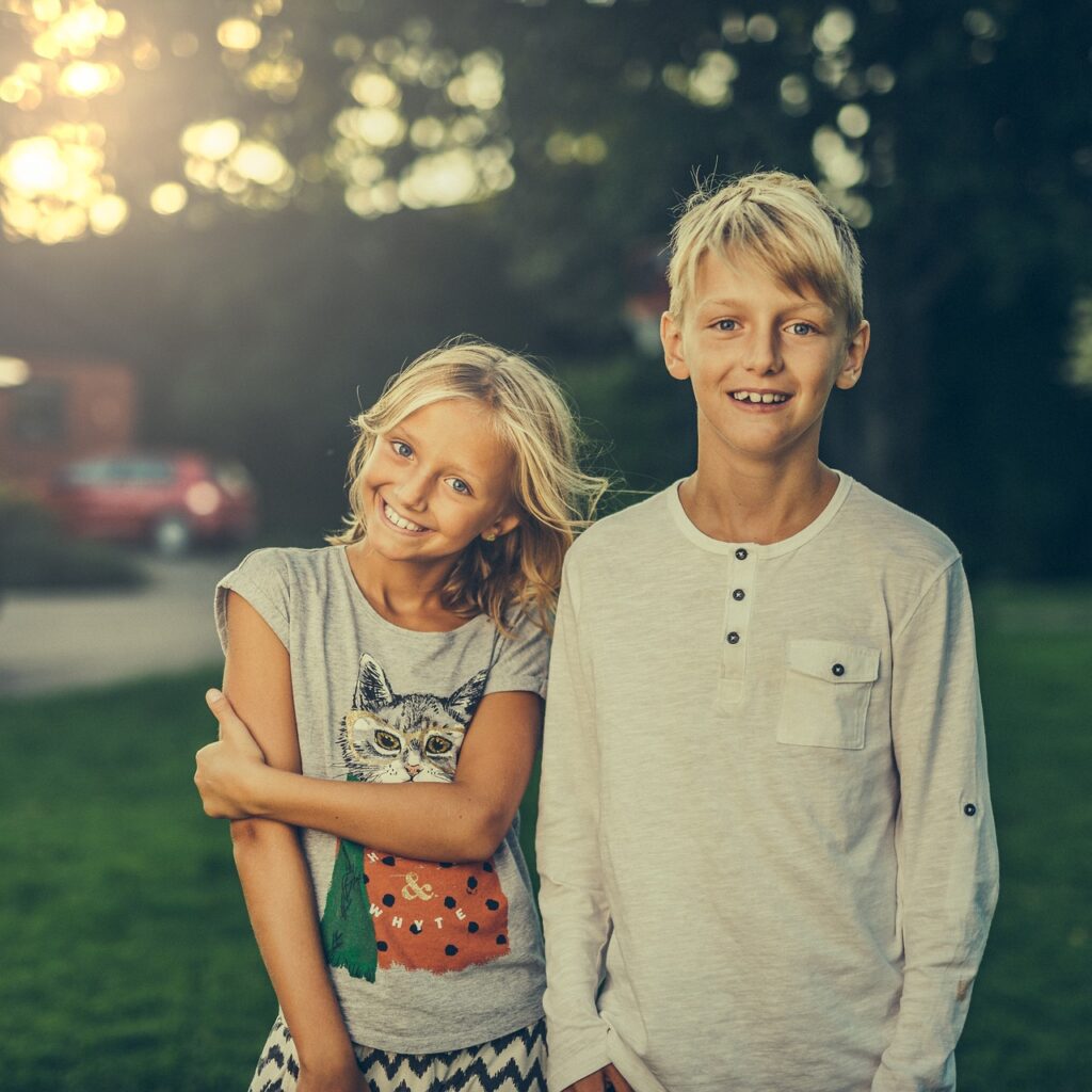 siblings, brother, sister, nature, friends, boy, girl, children, offspring, kids, teens, teenagers, blond, relationship, relatives, two, outdoor, portrait, summer, happy, smiling, smile