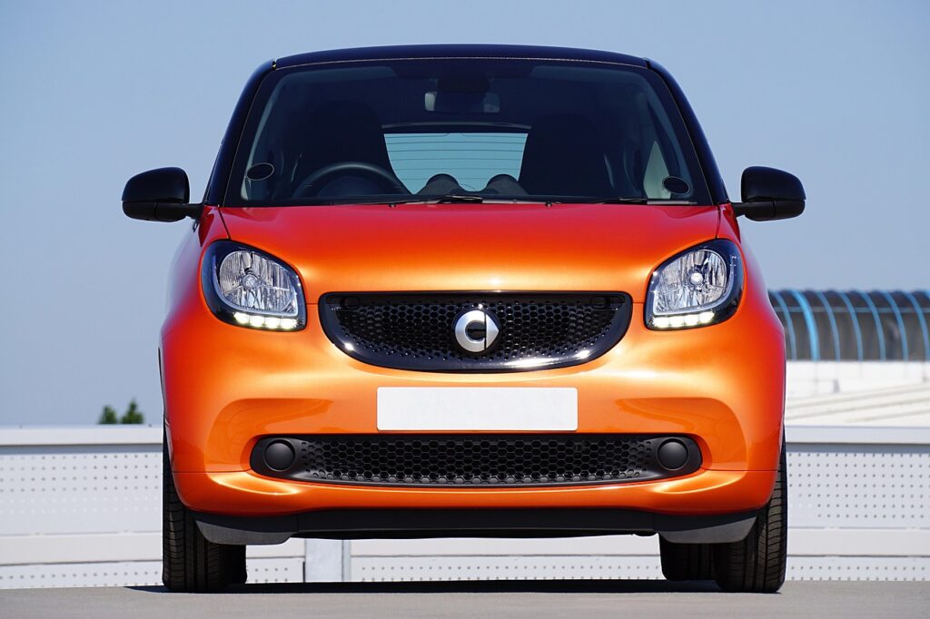 smart fortwo, car, auto, automobile, benz, mercedes-benz, german, efficient, exterior, fortwo, economy, mercedes, orange, car wallpapers, headlights, blue car, blue economy