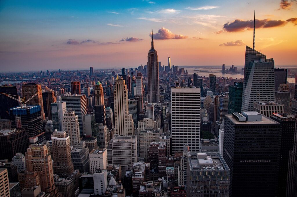 sunset, manhattan, city, skyline, architecture, usa, america, cityscape, nyc, travel, new, skyscraper, downtown, york, view, new york city, dusk, empire, state, nature, empire state building, panoramic, skyscrapers, scenic, yellow, orange