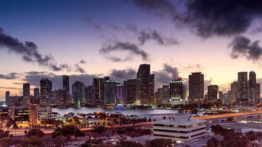 miami, florida, sunset, skyline, architecture, scenery, cityscape, nature, downtown, building, urban, sky, skyscraper, city, clouds, tower, metropolis, scenic