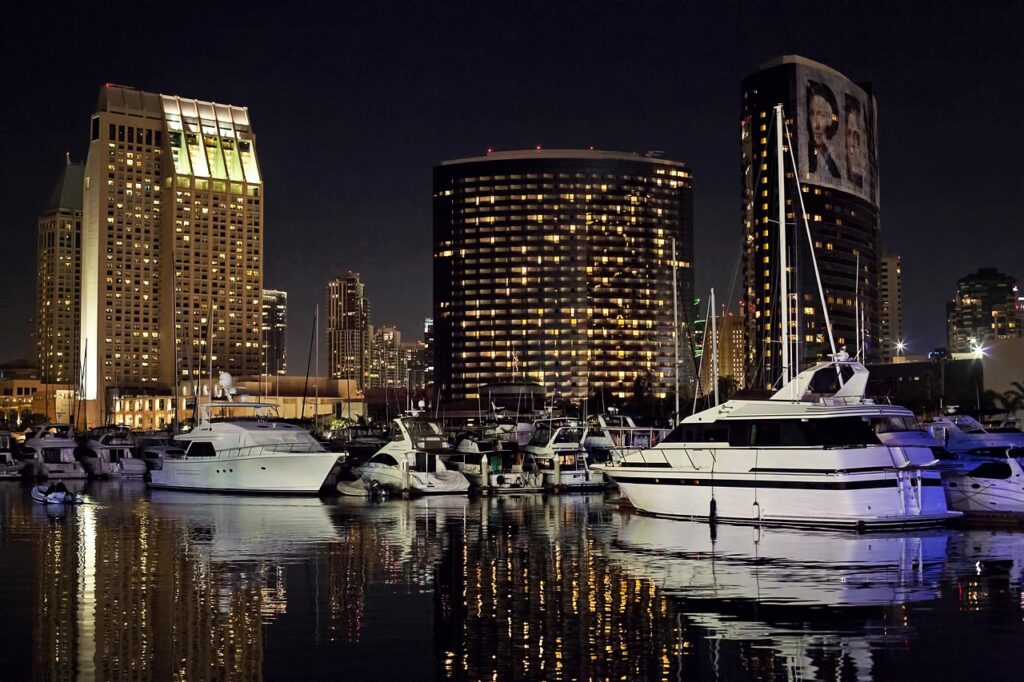 skyline, ships, yachts, night, evening, glow, harbor, marina, city, lights, buildings, california, skyscrapers, reflections, san diego, san diego, san diego, san diego, san diego, san diego