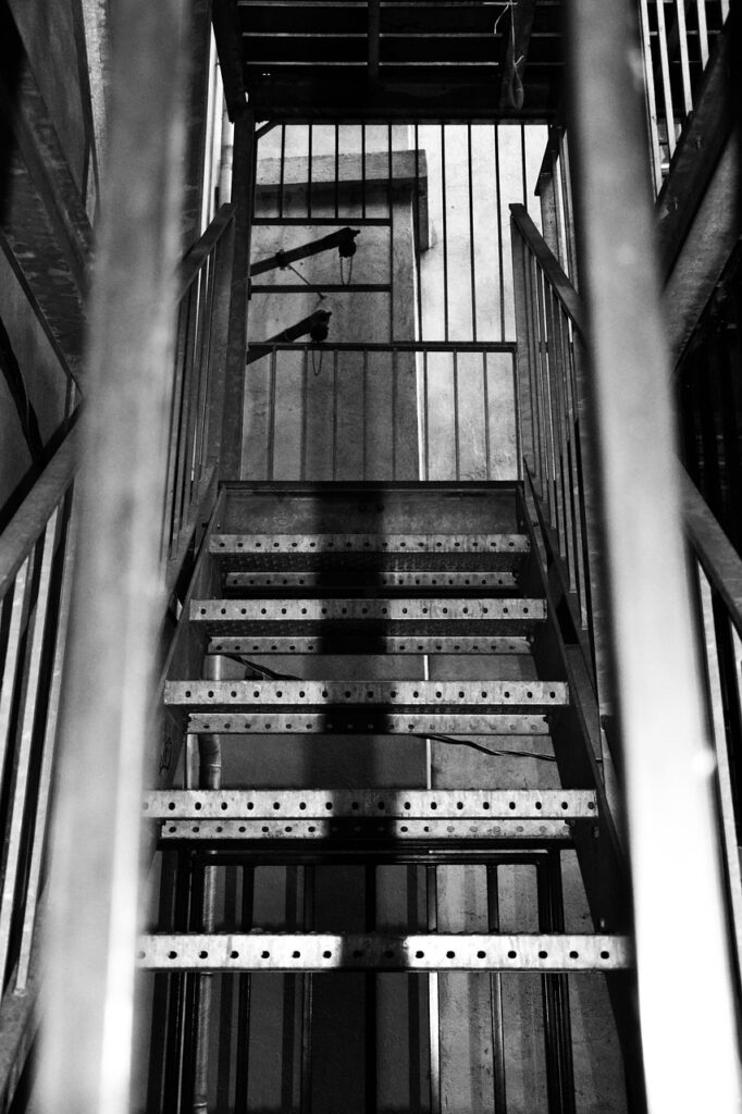stairs, black white, perspective, bars, disturbing