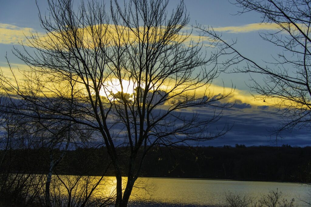 water, nature, clouds, sunset, lake, landscape, waters, outdoor, blue, reflections, sky, wet, blue sky, mirroring, tree, outdoors, pond, yellow, orange, hopkinton, massachusetts