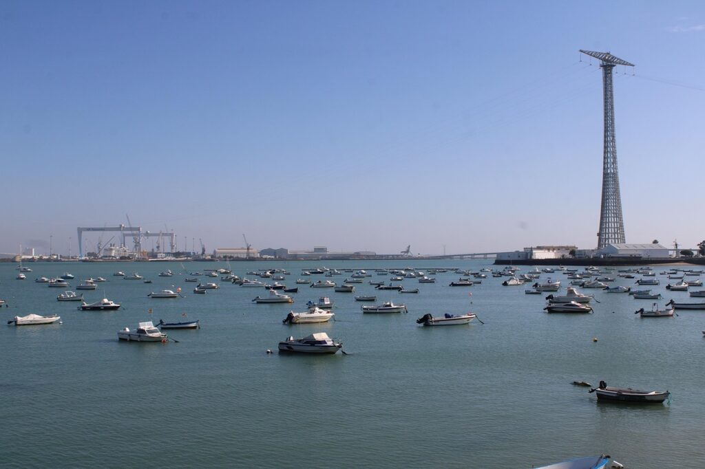 cadiz, nature, bridge, tower, struts, district of struts, naval base, naval base struts, spain, landscape, city, andalusia, sea, panorama