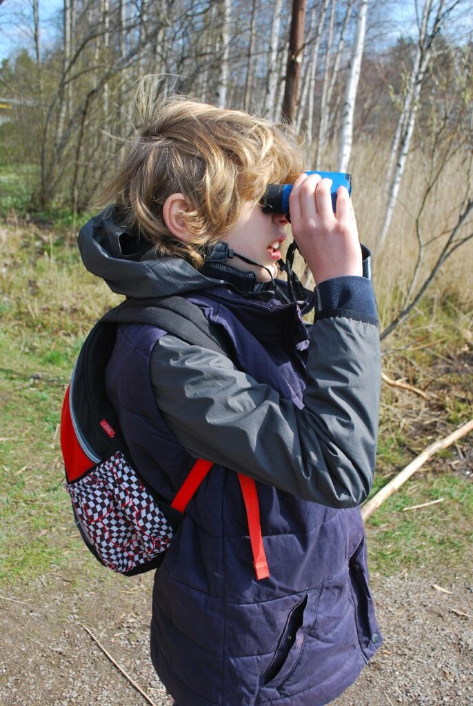 boy, watching, binocular, explore, observe, nature, adventure, child, kid, watch, outside