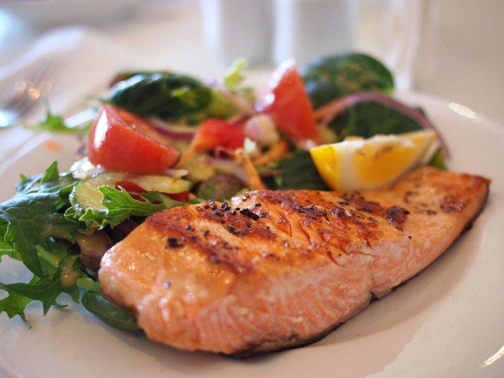 new year's eve, salmon, fish, seafood, veggies, nature, salad, meal, dish, plate, food, cuisine