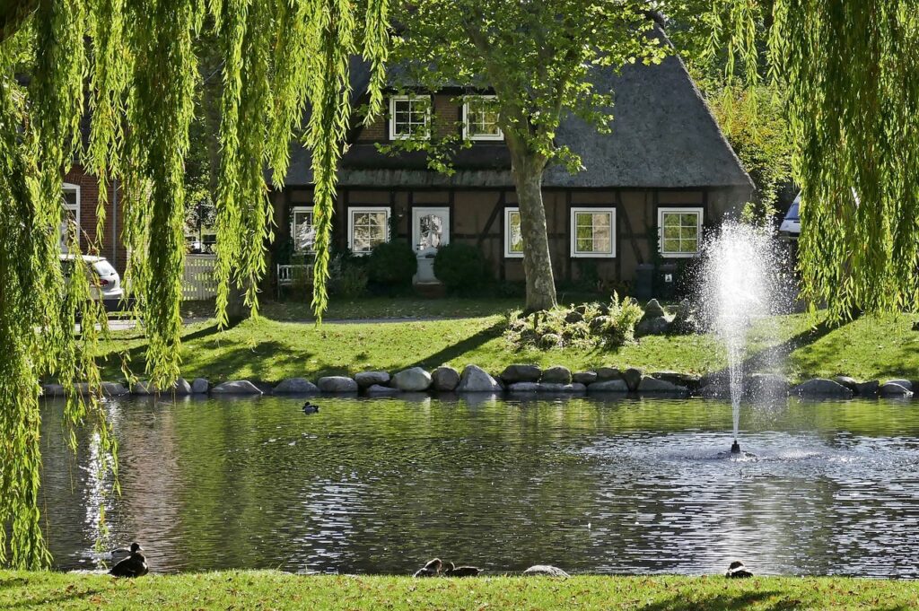 pond, house, water fountain, fehmarn, idyll, rural