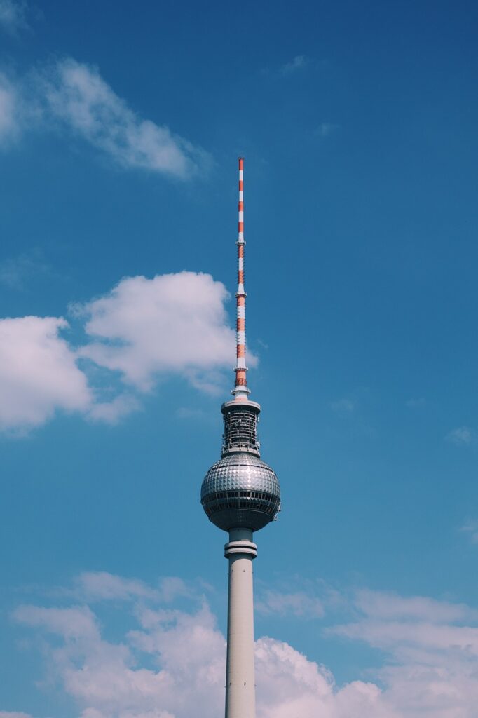tv tower, tower, landmark, building, sky, clouds, architecture, capital, city, nature, germany
