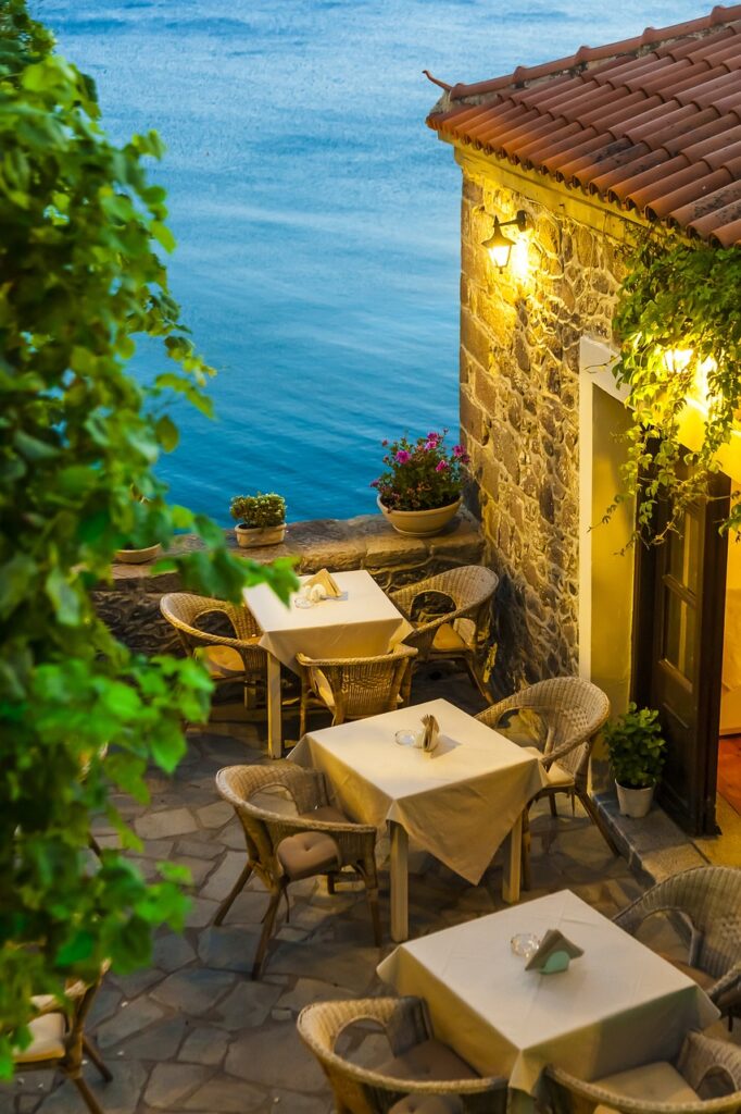restaurant, food, table, nature, sea, plant, traditional, village, light