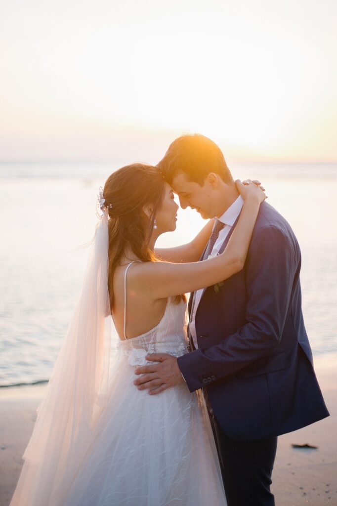 sunset, couple, wedding, bride, groom, nature, married couple, husband, wife, man, woman, romance, romantic, relationship, beach