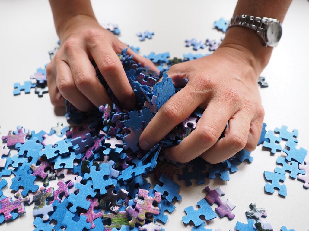 puzzle pieces, mix, hands, puzzle, game, put together, share, patience, placement game, pastime, boredom, toy, blue, puzzle, puzzle, puzzle, puzzle, puzzle