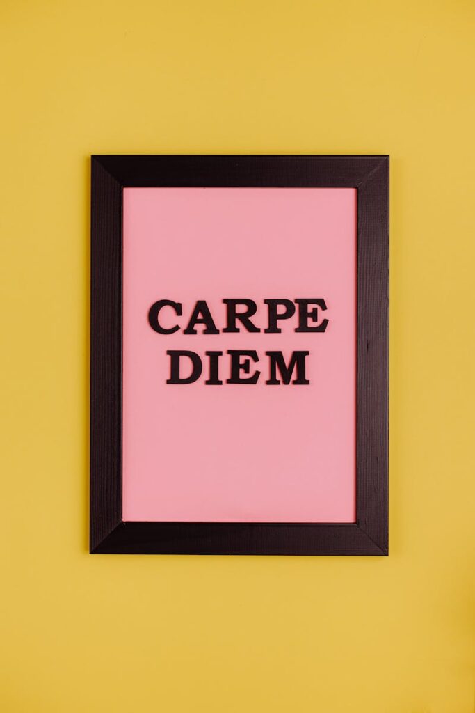 Bold framed 'Carpe Diem' text on vibrant yellow and pink background for motivation.