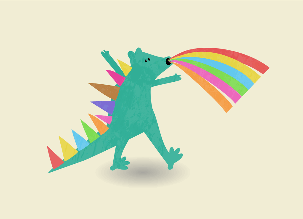 dinosaur, tyrannosaurus, beast, spikes, reptile, monster, animal, rainbow, wildlife, cute, dino, dragon, t rex, raptor, stegosaurus, spine, cartoon, nature, funny, cuteness, colorful