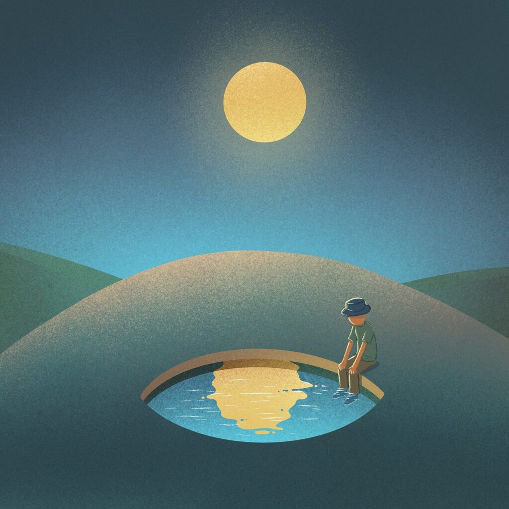 desert, lake, man, waiting, nature, reflection, moon, moonlight, night, wandering, sand dunes, sahara, surreal, imagination, dream, fantasy, painting, art