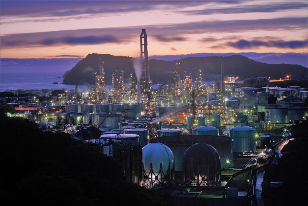 sunset, nature, factory, buildings, illuminated, industrial, industrial plant, pollution