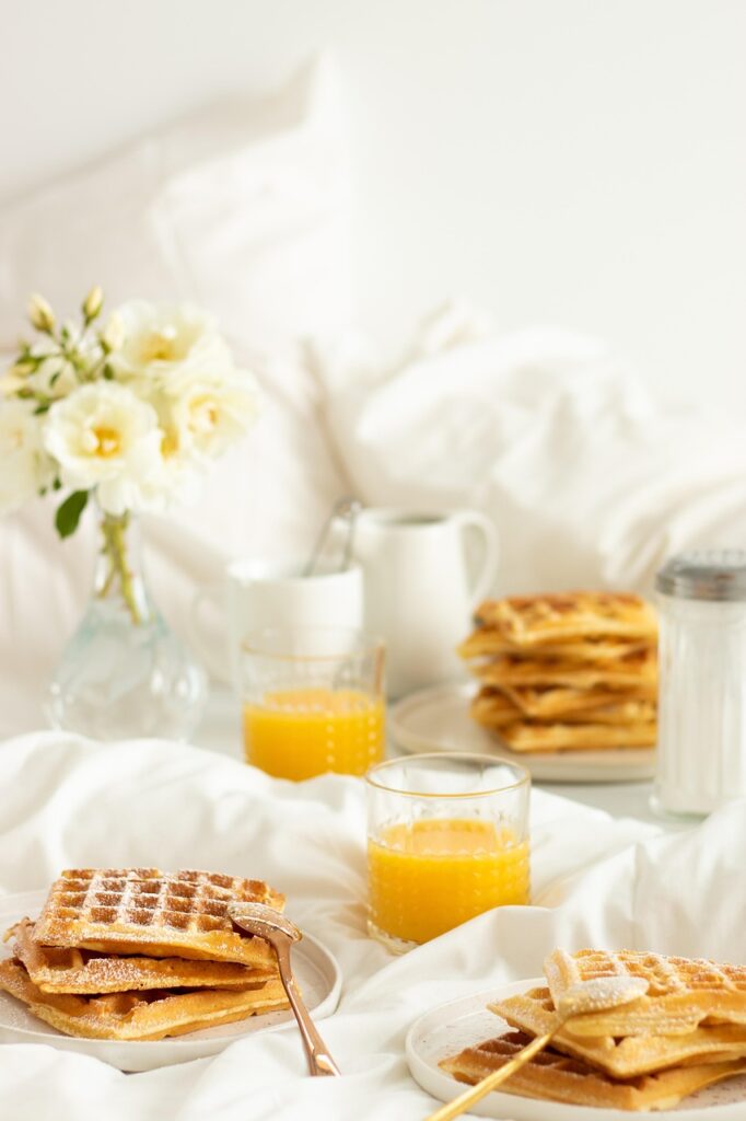 breakfast, waffle, bed, morning, phone wallpaper, breakfast in bed, orange juice, dish, sweet, food, aesthetic wallpaper, iphone wallpaper
