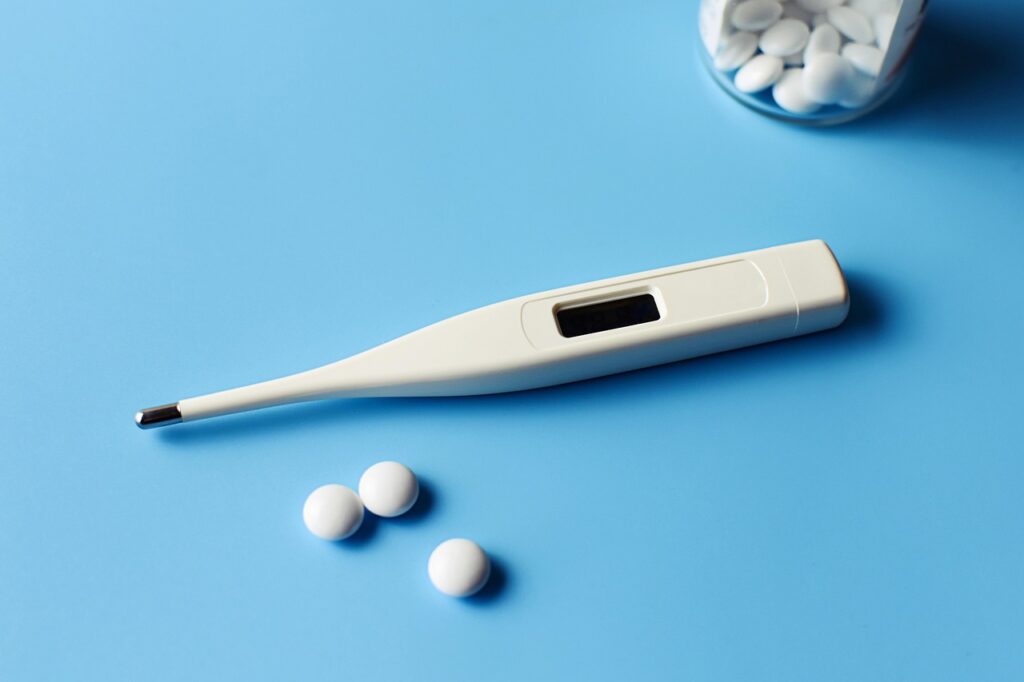 thermometer, medicine, pills, cold, sick, ill, health, healthcare, illness