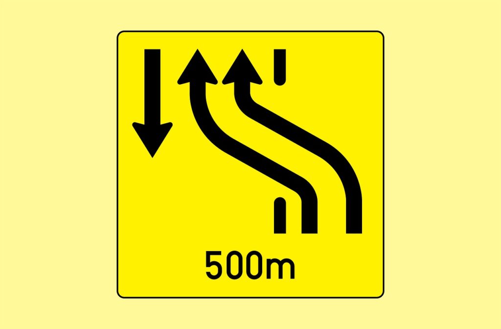lane ends ahead, change of lane, road sign, austra, street sign, traffic sign