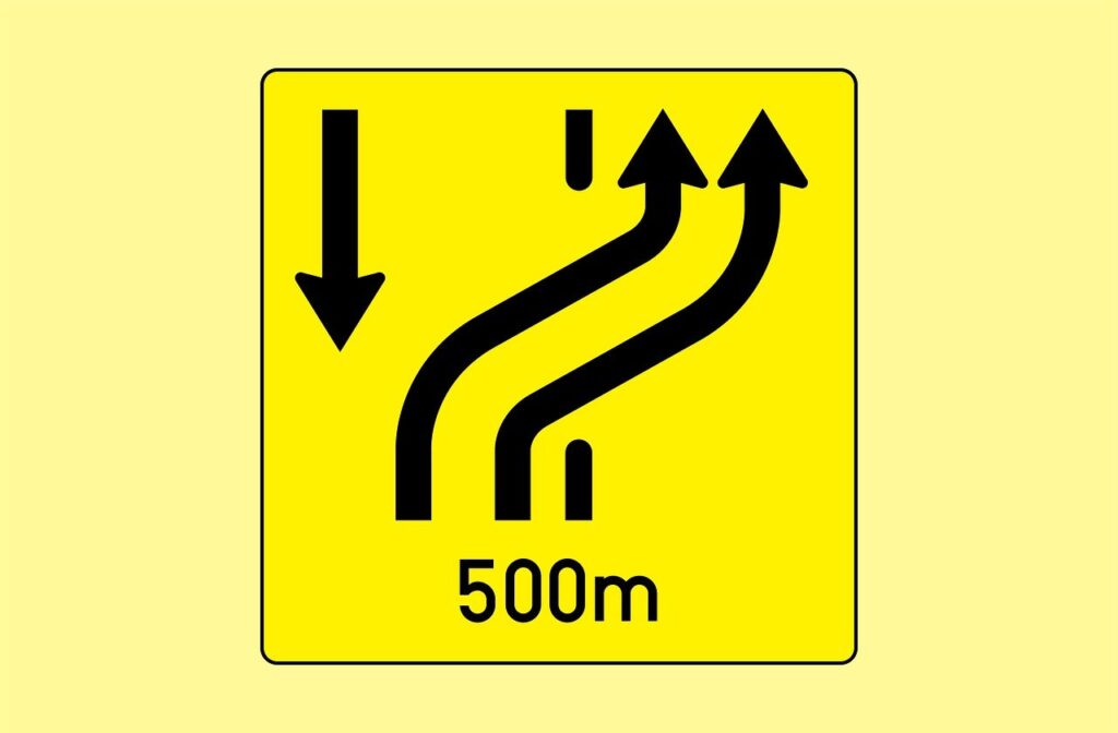 lane ends ahead, change of lane, road sign, austra, street sign, traffic sign