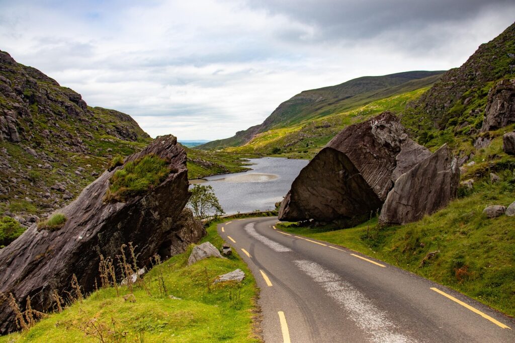 lake, rocks, road, mountains, national park, gap of dunloe, nature, ireland, killarney