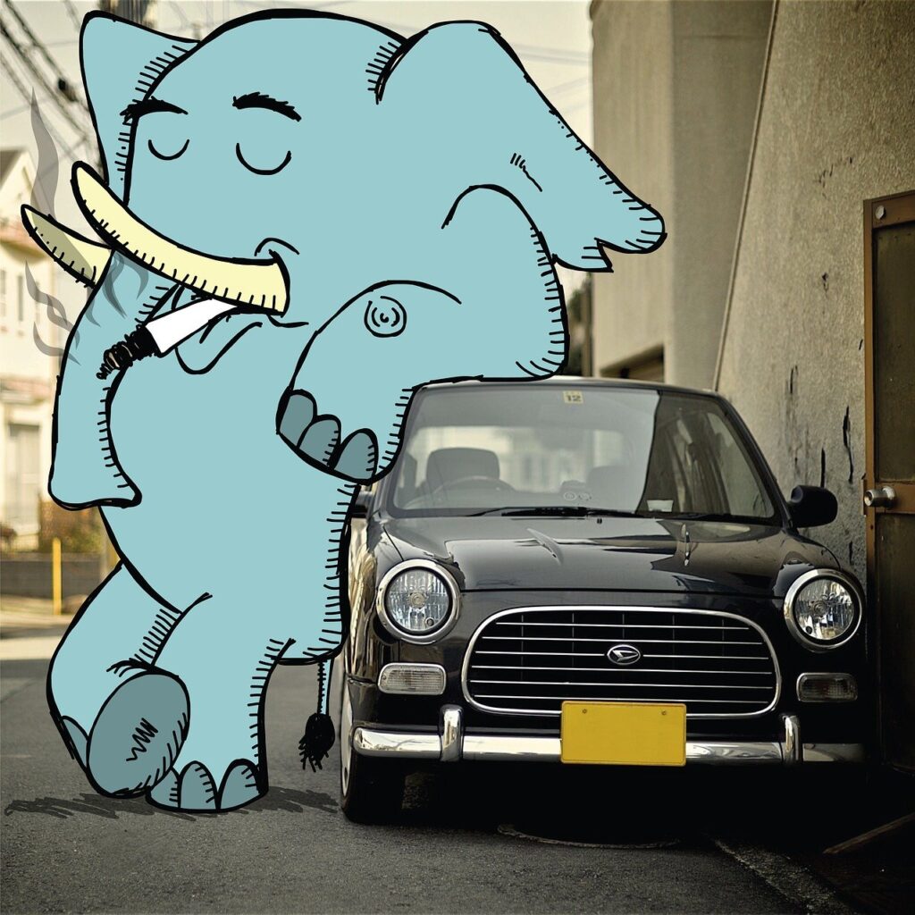 elephant, smoking, car, city, urban, vehicle, street, cartoon, elephant, elephant, elephant, elephant, elephant, car, car, cartoon, cartoon, cartoon, cartoon