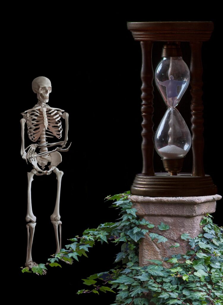 skeleton, hour glass, passing away, sand glass, fantasy