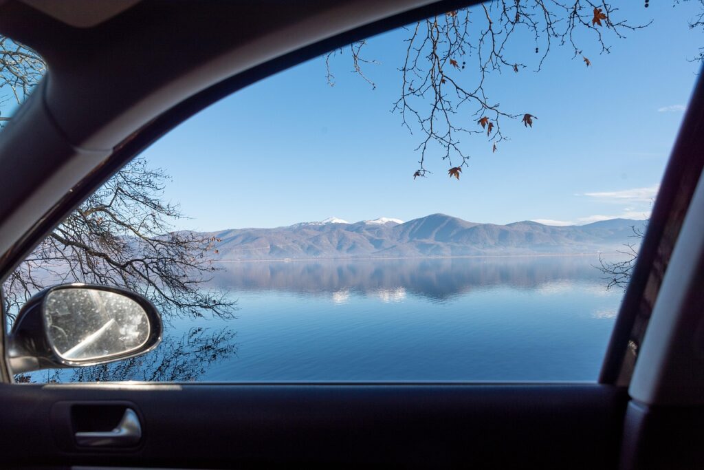 lake, mountains, car window, nature, tree, car, vehicle, automobile, transport, window, winter, cold, car wallpapers, scenic