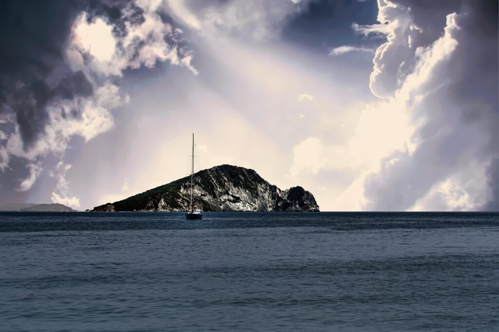 sailing boat, sea, island, ionic, nature, clouds, sunlight, light rays, zakynthos