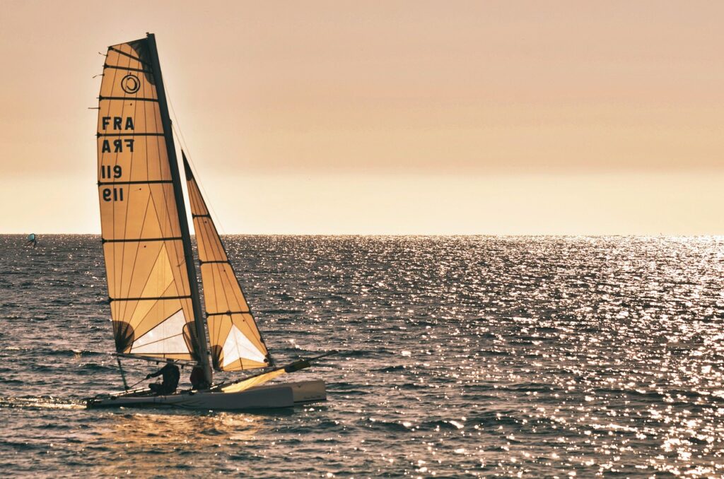 sea, ocean, sun, boat, sailboat, sunset, dusk, nature, veil