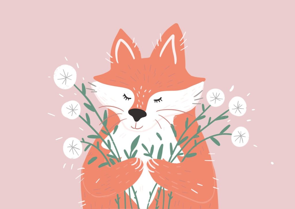 fox, animal, flowers, cartoon, design, red fox, nature, wildlife, cute, print, funny, wild, card, style, background, art, isolated