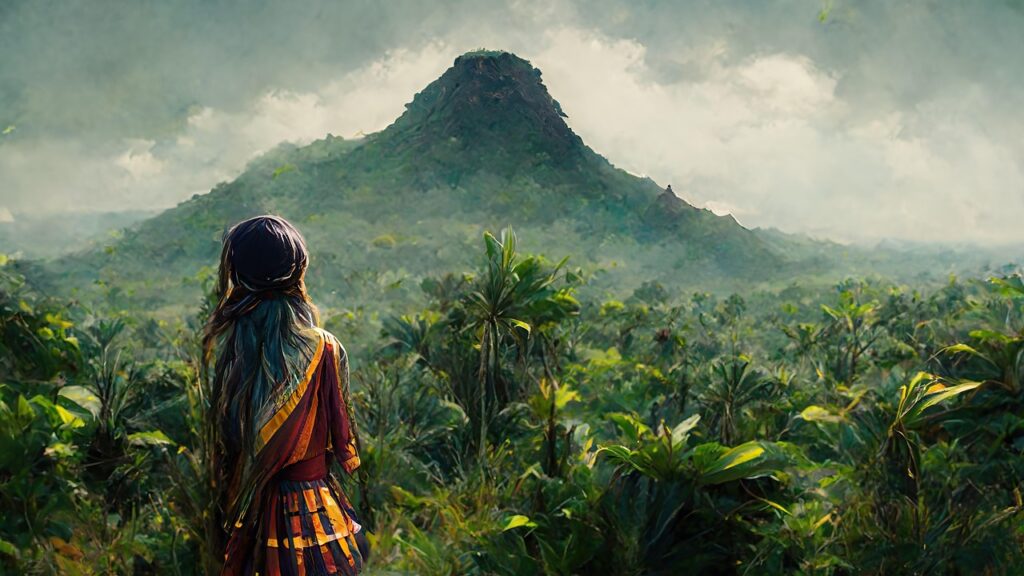wallpaper, tribal, jurassic, mountain, jungle, nature, woman, 16 9, palm, landscape, vulcan, island