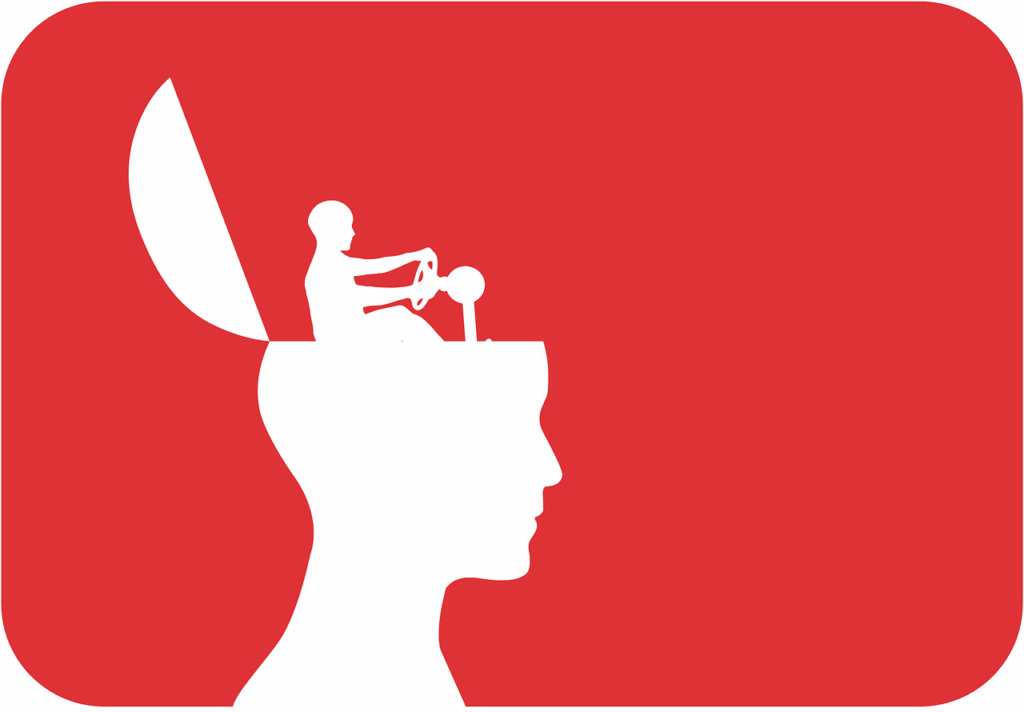 brain, head, self-determination, think, steering wheel, steering, concept, idea, man, people, profile, psychology, science, silhouette, synapses, white on red, cut out, brain, brain, brain, brain, brain, psychology, psychology